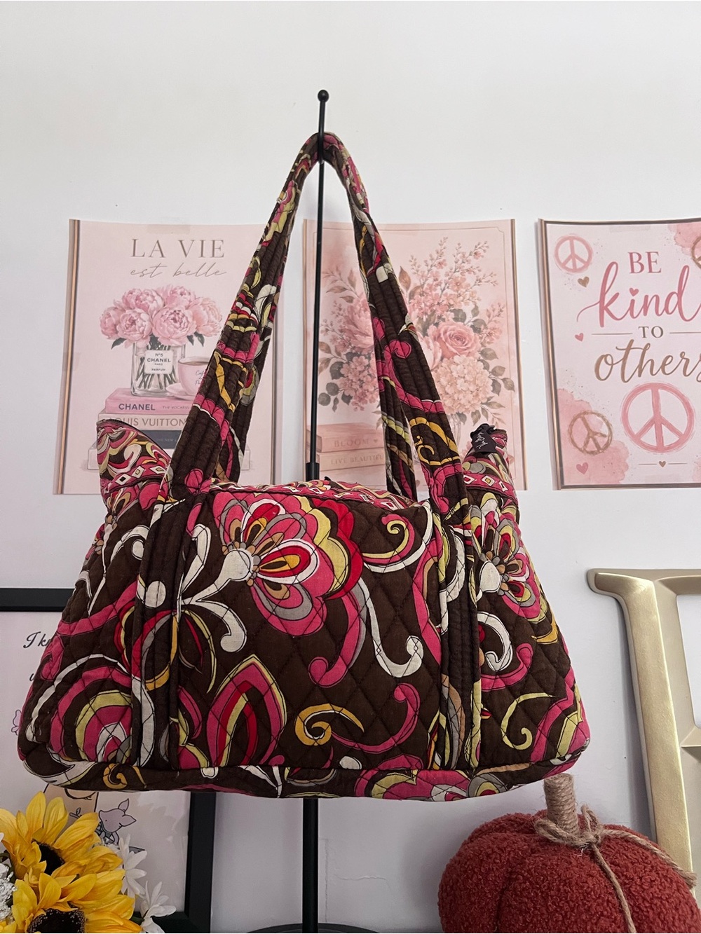 Vera Bradley Puccini Brown Pink Floral Quilted Tote Bag